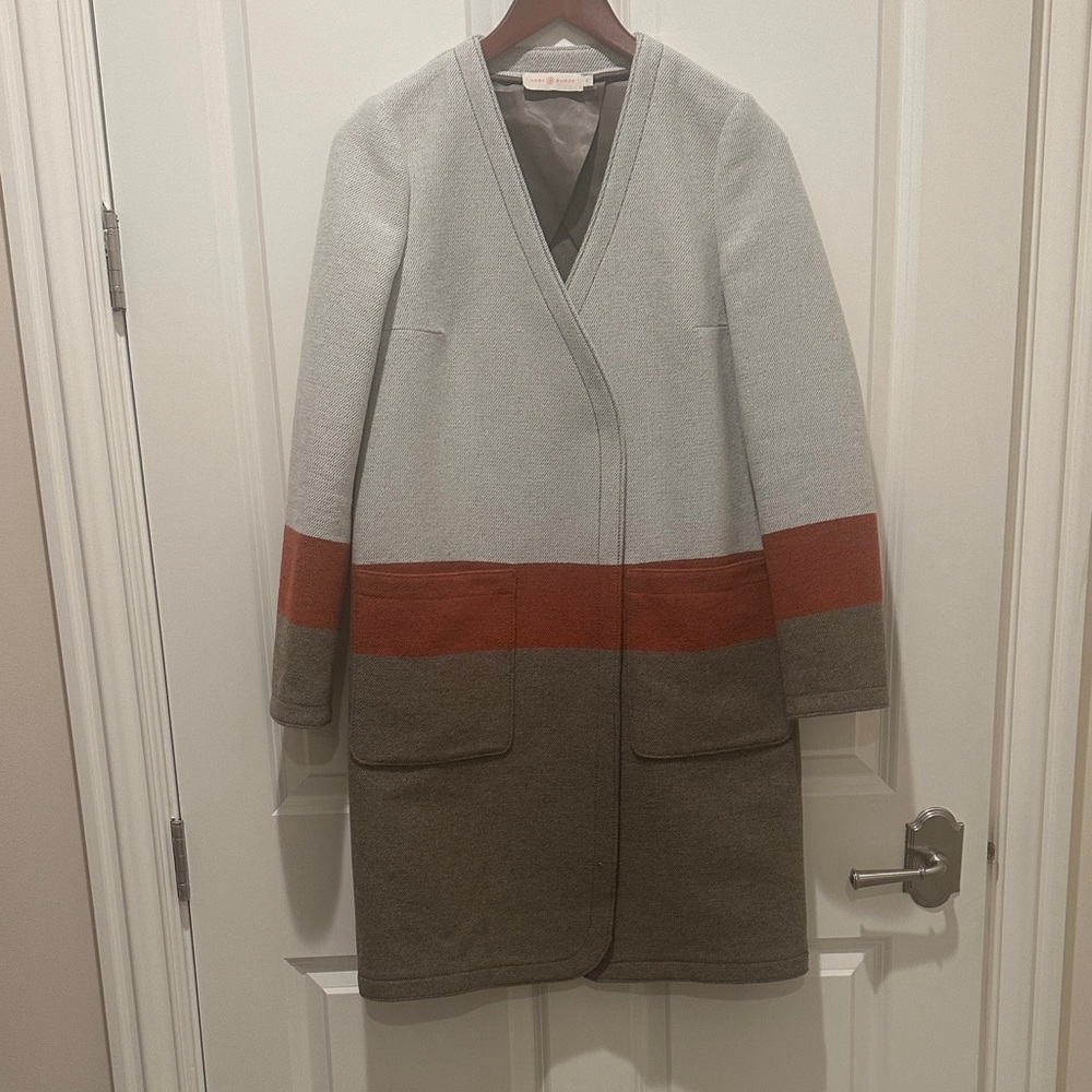 Tory Burch Gray and Brown Colorblock Coat